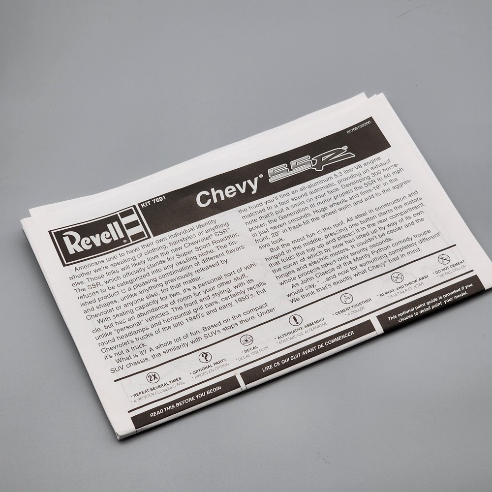 Revell 1/25 Chevy SSR Instruction Booklet Only