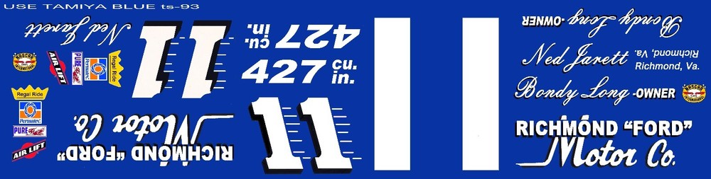 #11 Ned Jarrett Richmond Ford Motor Company. 1/24th – 1/25th Scale Decals