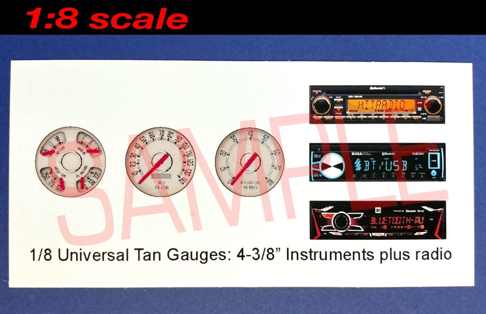 1/8 UNIVERSAL-STYLE 4-3/8″ TAN GAUGES plus RADIO for 1/8 scale MODEL kits—READ