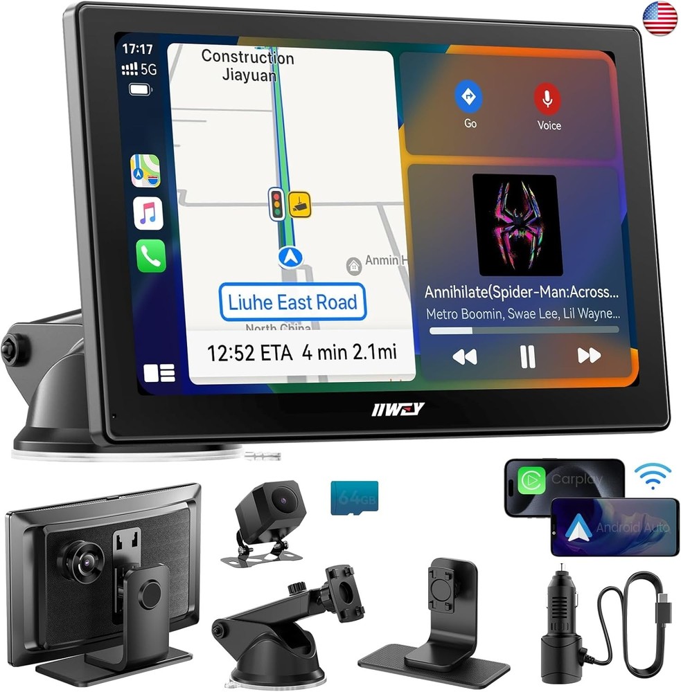 IK5 9″ Wireless Apple CarPlay & Android Auto Screen, Portable Car Stereo