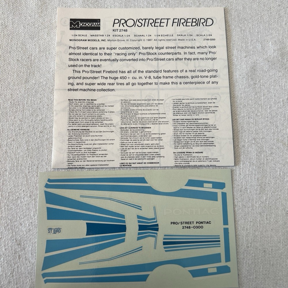 Monogram WHITE LIGHTNING PRO STREET FIREBIRD #2748 Decal & Instru. Only-1987