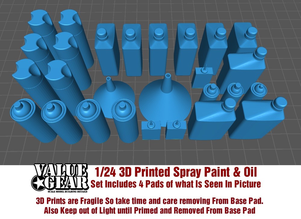 1/24 Set #2413 – 3d Printed Spray Paint and Oil – Value Gear (4 Pads of Picture)