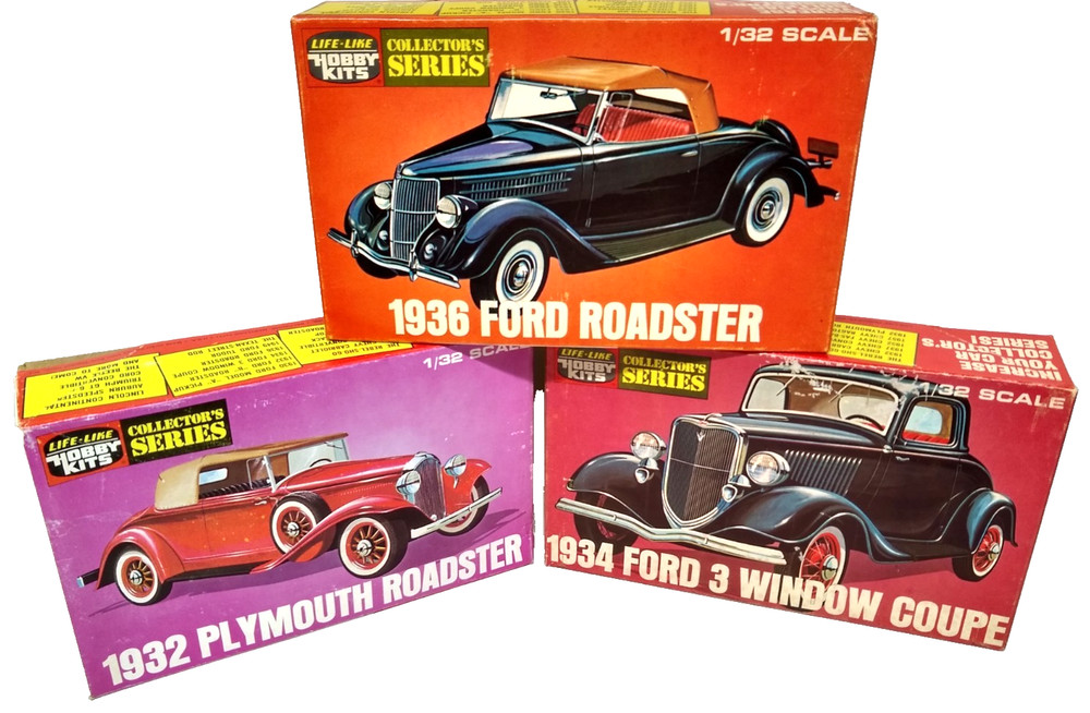 3 LOT Life-Like Hobby Kits ’36 Ford ’32 Plymouth Roadster ’34 Coupe 1/32 Model