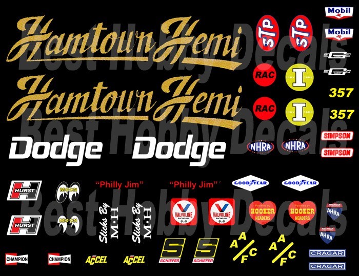 HAMTOWN HEMI Challenger NHRA DRAG 1/18th Waterslide Decals BLACK CAR ONLY