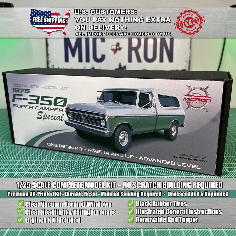 1/25 1976 Ford F-350 Super Camper Special Truck Model Kit with Engine & Clears