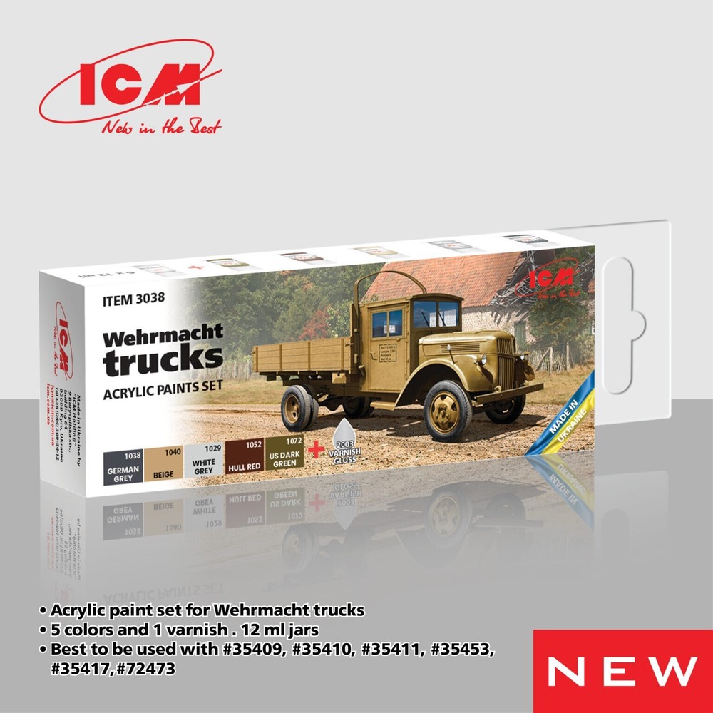 ICM 3038 Acrylic paints set for Wehrmacht trucks Grey Brown Green for model kit