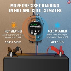 3-Amp Car Battery Charger, 6V and 12V Smart Fully Automatic Battery Charger