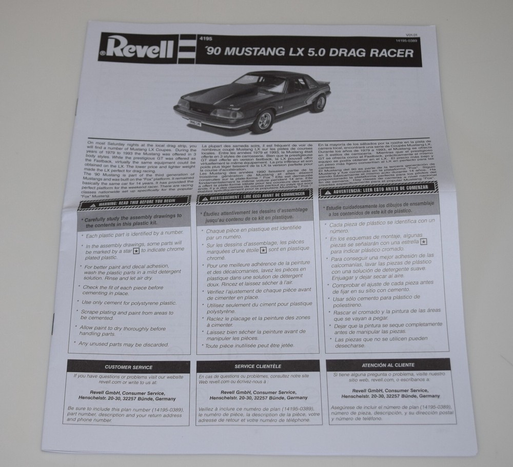 REVELL 1990 MUSTANG LX 5.0 85-4195 ⭐PARTS⭐ INSTRUCTION BOOKLET 1:25