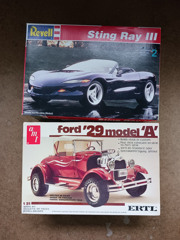 Revell Sting Ray III, AMT Ford ’29 Model A, Partially Assembled.