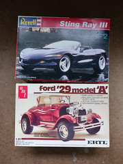 Revell Sting Ray III, AMT Ford ’29 Model A, Partially Assembled.