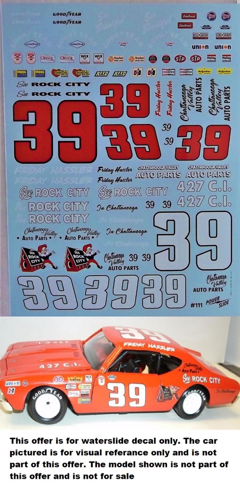 NASCAR DECAL #39 ROCK CITY AUTO 1969-70 CHEVELLE/ MONTE CARLO FRIDAY HASSLER