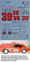 NASCAR DECAL #39 ROCK CITY AUTO 1969-70 CHEVELLE/ MONTE CARLO FRIDAY HASSLER