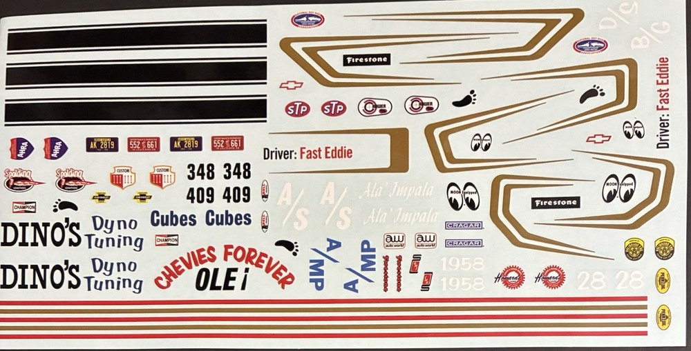 58 Chevy Impala DECAL SHEET 1-#109 1649 AMT Model Car Parts