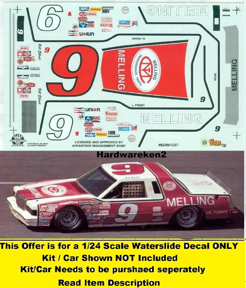 NASCAR DECAL # 9 MELLING LATE SEASON 1982 FORD THUNDERBIRD BILL ELLIOTT 1/24