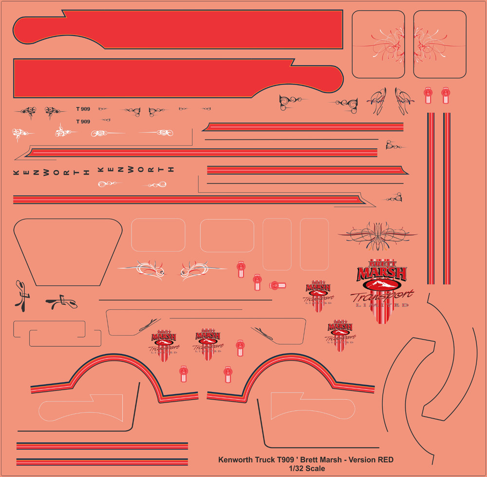 Kenworth T909 “Brett Marsh” Truck Red Waterslide Decals for Scale Models