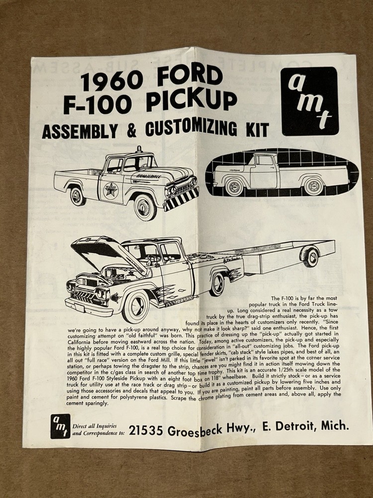 1960’s AMT 1960 Texaco Ford F-100 Pick-Up Truck 3-in-1 Model Kit Instructions