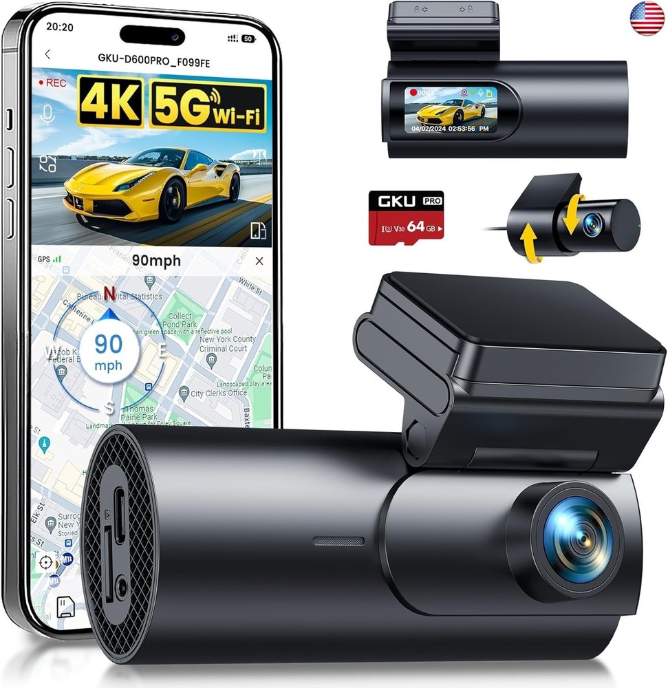 GKU Dash Cam Front and Rear Camera,4K+1080P, 5.8GHz WiFi & GPS Dash Camera