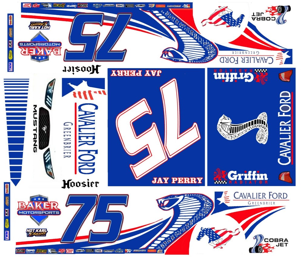 #75 Jay Perry Cavalier Ford Crate Dirt Late Model 1/24th Scale Waterslide Decal