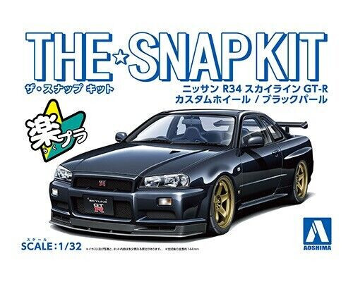 Aoshima 1/32 NISSAN SKYLINE R34 GTR Custom Wheels Plastic Model Kit *BLACK*