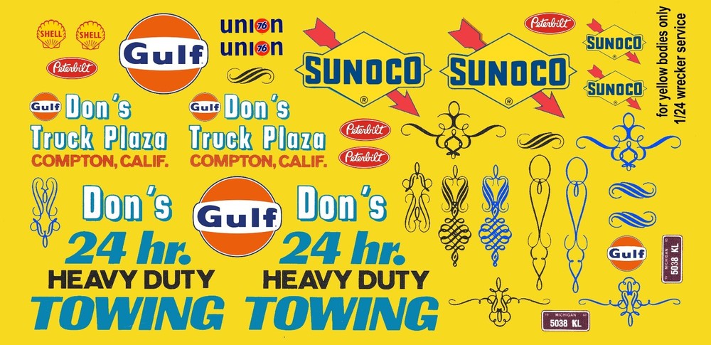 Don’s 24hr Heavy Duty Towing Wrecker Yellow Body 1/24th Scale Slot Car Decals