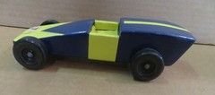 PINEWOOD DERBY CAR sleek Handmade blue and yellow painted wood BSA race VTG