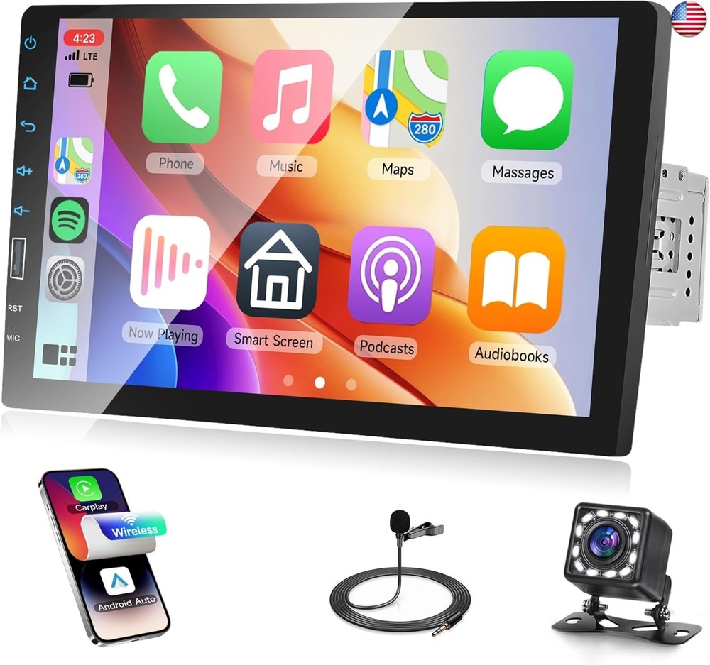 9” Car Stereo Single Din Wireless Carplay Android Auto Touch Screen, Rimoody