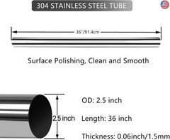 GeilSpace 2.5 Inch Exhaust Pipe, 304 Stainless Steel Tube, 36 Inch Length,