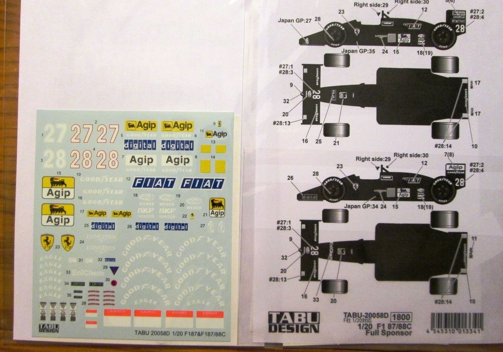 DECAL: 1/20 TABU20058 Ferrari F187 or Fujimi Ferrari F187 or F187/88C Full Sheet