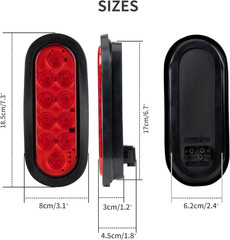 2PCS 6 Inch Oval Red LED Trailer Tail Lights, 10 Leds Stop/Turn/Brake Lights Wi