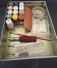 Vintage Mid Century Model Car Mix Lot Enamel Paint Decals Parts Xacto Two Blades