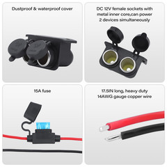 DC 12V Cigarette Lighter Socket with Blade Fuse 15A, 2 Socket Cigarette Lighter