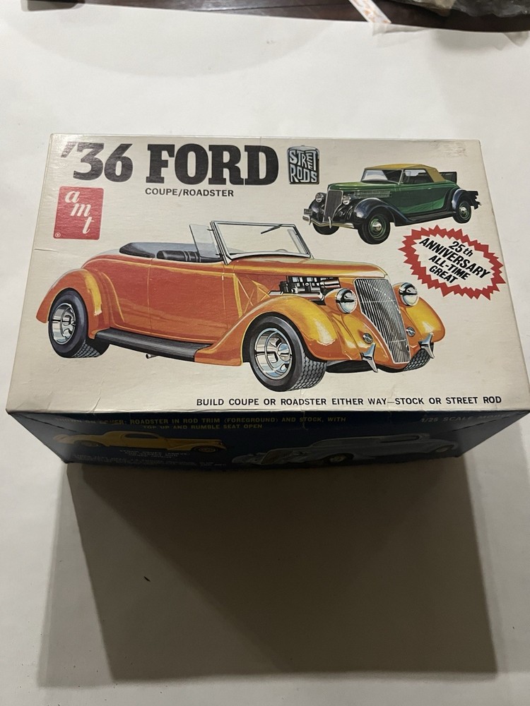Vintage AMT 36 1936 Ford Coupe Roadster Street Rods 1:25 Model Kit A136 Unbuilt