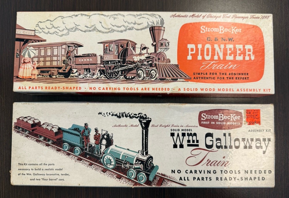 Lot 2 StromBecker Wood Train Kits Wm Galloway & Pioneer Vintage Unassembled Rare