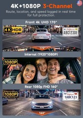 4K 3 Channel Dash Cam Front and Rear Inside, Wi-Fi Full HD Dash Camera for