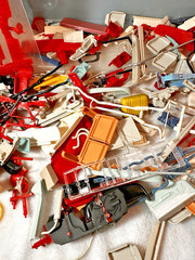 JUNK YARD SUPPLIES Misc. Left Over Model Car and Airplane Parts in Sterilite Tub