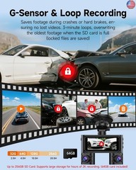 360° Dash Cam Front and Rear Inside, 4 Channel Dash Camera for Cars FHD