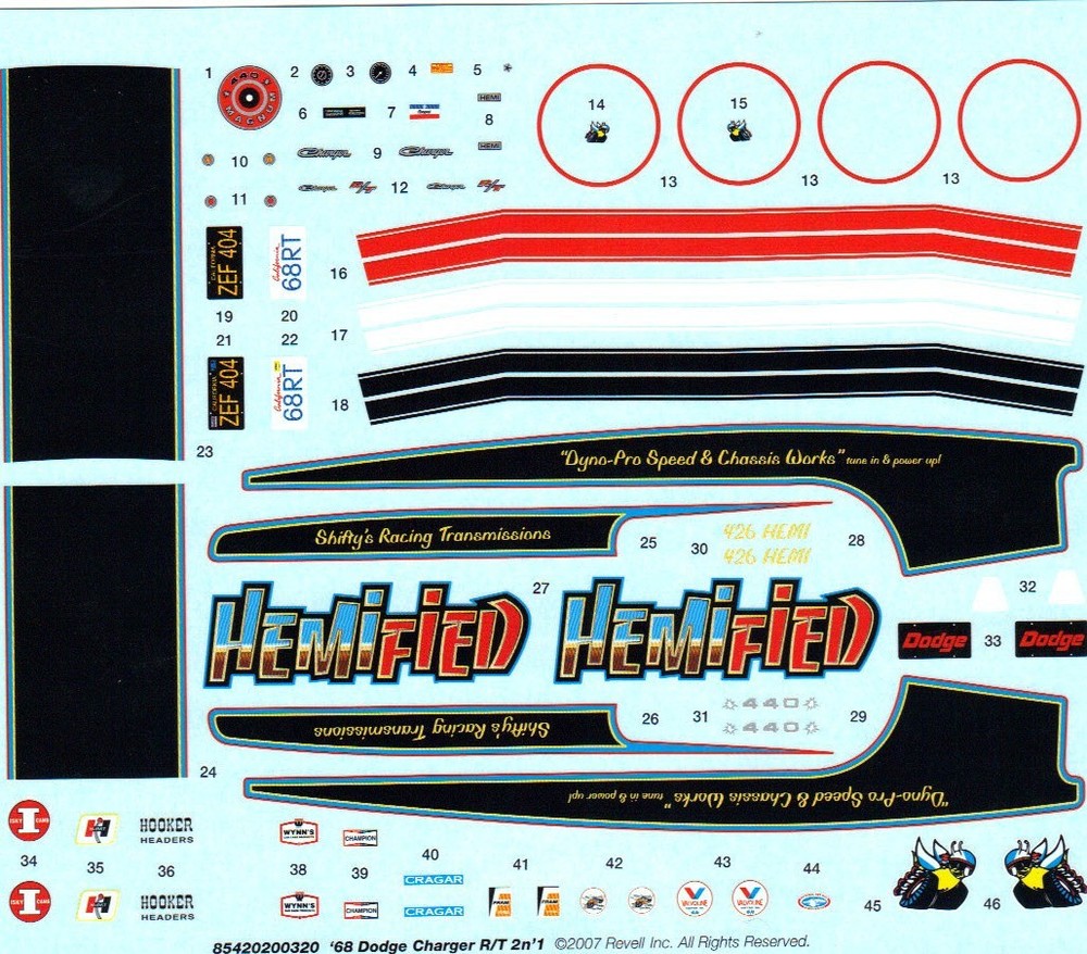 Decal Sheet 1968 Dodge Charger RT 1/25 426 Hemi 440 Magnum Emblems Scripts Drag