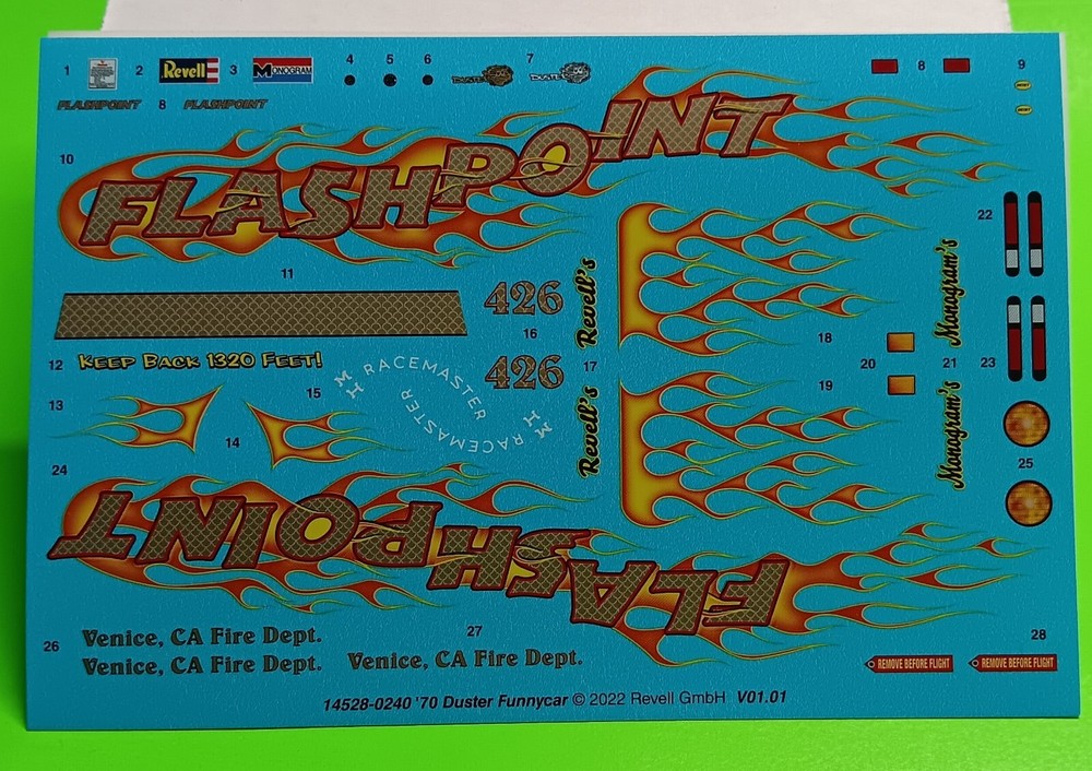 70 1970 Plymouth Duster Funny Car 1/24 Decal Sheet Flames Revell