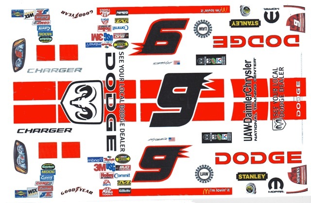 #9 Kasey Kahne Reverse Hat Stripe Dodge 1/24th – 1/25th Scale Waterslide Decals