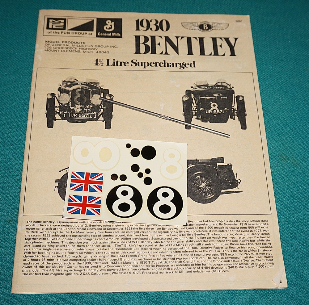 1930 Bentley 4 1/2 Litre Supercharged MPC 1/12 Decals Instructions Metal Axle