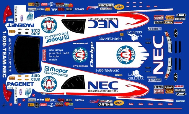 Gary Densham NEC Dodge Funny Car 1/24th – 1/25th Scale Decals