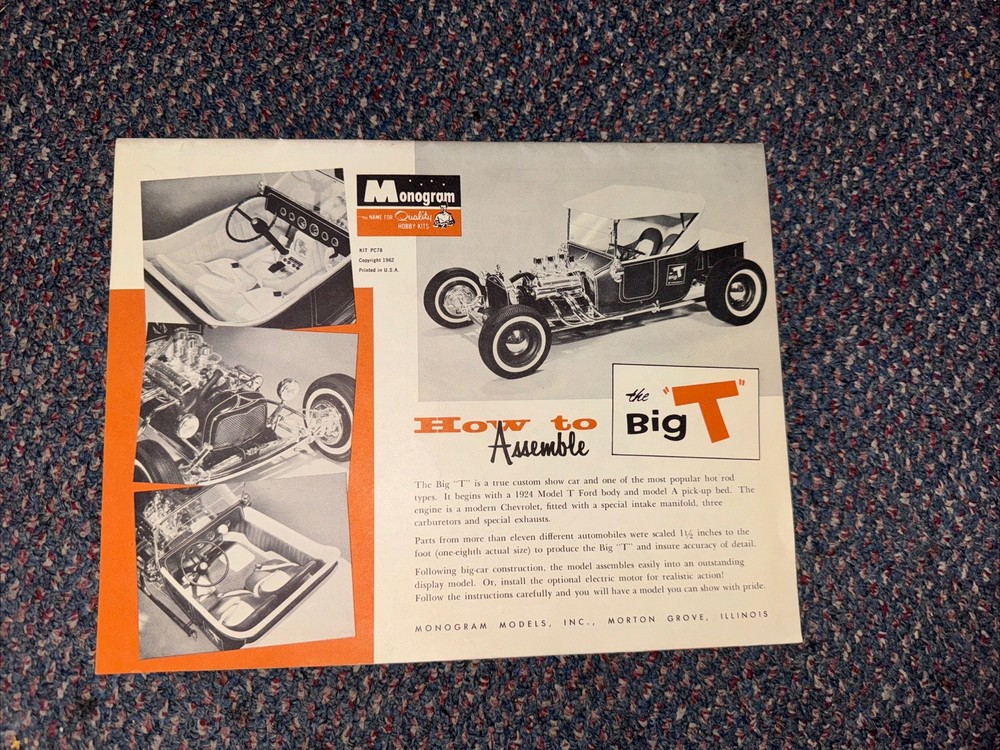 Instructions 1962 Monogram The Big “T” Ford Model T Pick-Up PC78 1098 Model Kit
