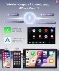 7 Inch Double Din Car Radio, Wireless/Wired CarPlay Android Auto, HD IPS