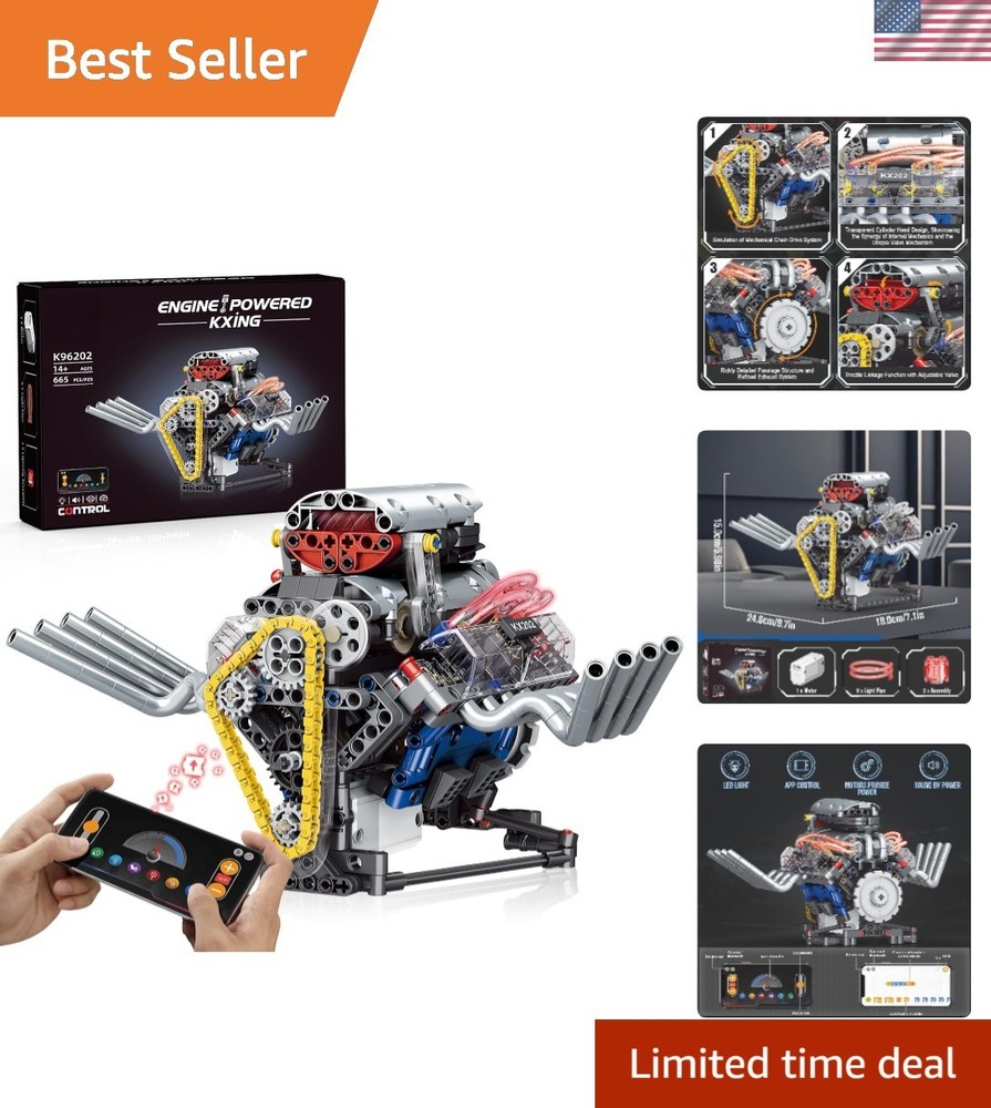 V8 Engine Model Kit – Realistic DIY Toy with App Control & LED Lights, 665 PCS