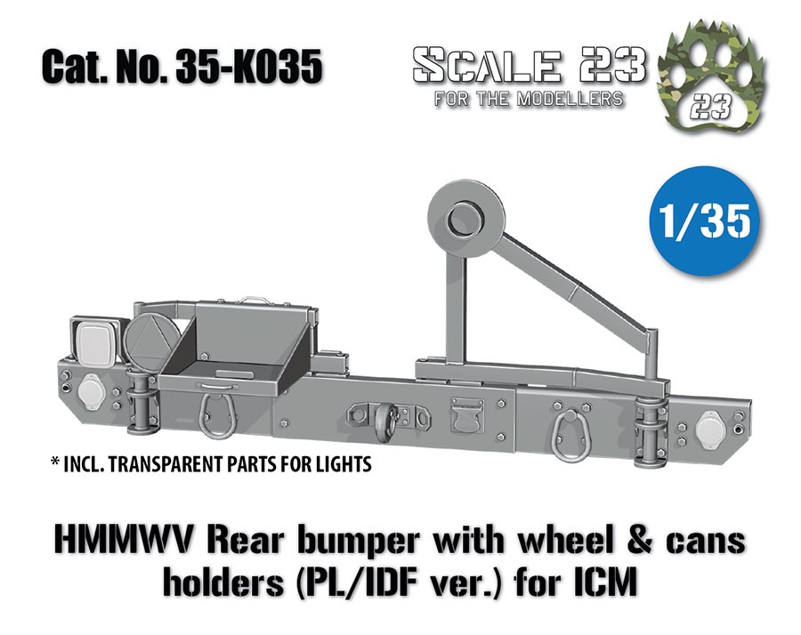 Scale23 1/35 HMMWV Rear Bumper and PL / IDF Tyre, Cans Holders for ICM kits