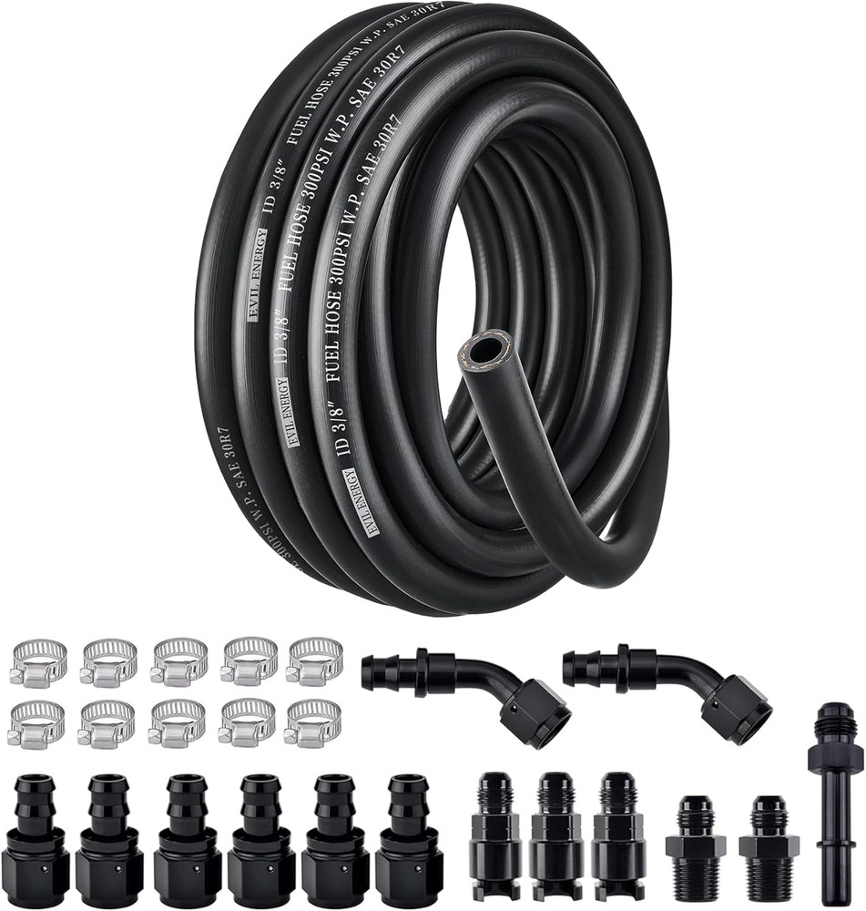 3/8 Fuel Line Kit 25FT, SAE 30R7 NBR Rubber Push Lock Fuel Hose with 14 Fitting