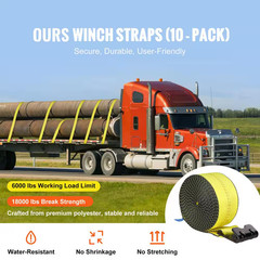 Winch Straps, 4 In. X 30Ft., 6000 Lbs. Load Capacity, 18000 Lbs. Break Strength,