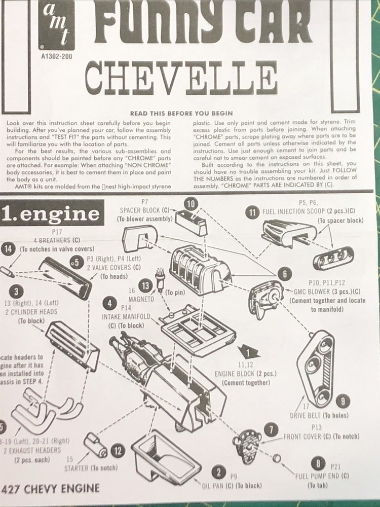 FOB 396 427 454 Chevy Gasser A/FX Blower ENGINE W Headers 1:25 LBR Model Parts