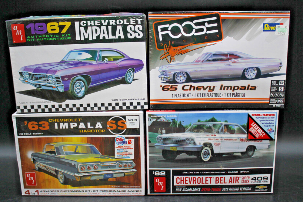 4pc Sealed 1/25 AMT Revell Model Kits Chevy ’62 Bel Air ’63 ’65 ’67 Impala SS