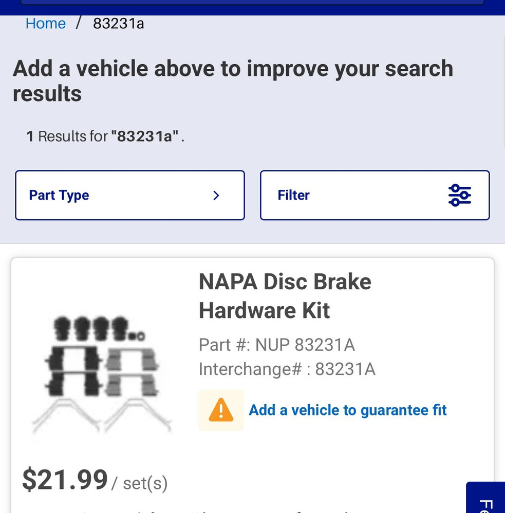 NAPA Disc Brake Hardware Kit Part #: NUP 83231A